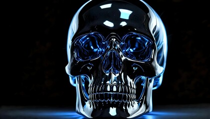 3D Realistic Glass Skull with Blue Light and Sci-Fi Glow on Black Background