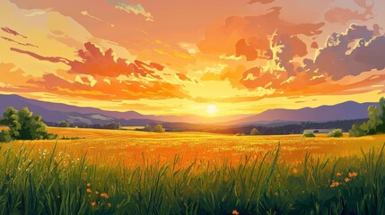 Sunset over nature, illustrating a vibrant sunset casting orange hues over mountains and fields, flat style