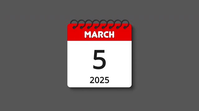 Monthly calendar with spiral ring coil binding, tear-off calendar animation for March 2025, concepts, ideas, 4k, transparent background with alpha channel, copy space