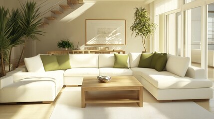 Fototapeta premium Modern Living Room with White Sectional Sofa and Wooden Coffee Table