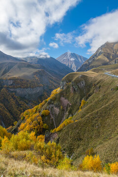 Landscape view, autumn in caucasus mountains, snow covered mountain peak in sunny day, Georgia, Gudauri