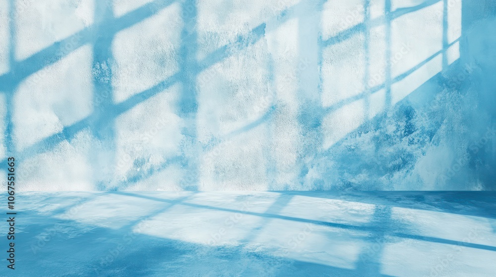 Poster minimal abstract light blue background for product presentation. shadow and light from windows on pl