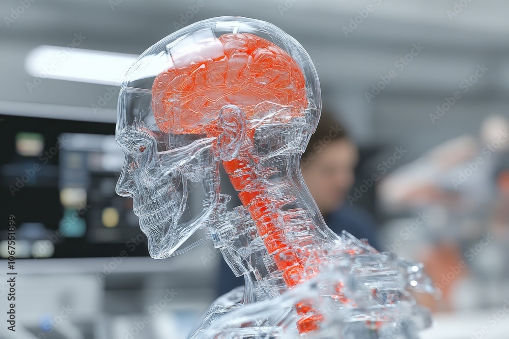 Poster detailed 3d render of a transparent human skull highlighting the brain and spinal cord in a modern l