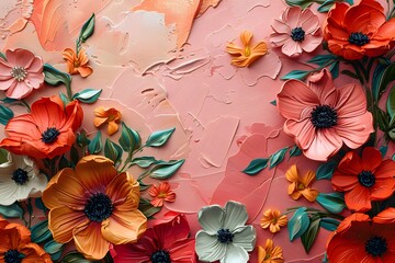 Vibrant Floral Relief Art with Colorful Blossoms on a Textured Background