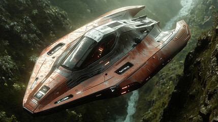 A sleek red spaceship flies above a green canyon with a misty, atmospheric background
