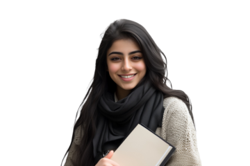 A smiling and happy young Iranian or Palestinian Arab woman with long dark hair, wearing a light-colored outfit and a dark scarf, holding a journal on a transparent, isolated background