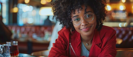 Obraz premium A mixed young woman with a subtle smile wearing glasses and a red jacket is looking at the camera while sitting in a restaurant