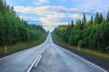 road outside the city along the forest after the rain
