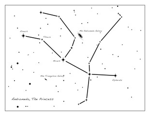 Simple astronomical illustration of the constellation Andromeda (The Princess). Design elements on transparent background. Use for print, websites and other graphics. Available as PNG or JPG.