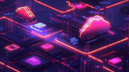 Virtual servers in cloud illustration, showing cloud icons linked to digital platforms, flat vector art