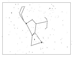 Simple astronomical illustration of the constellation Orion (The Hunter). Design elements on transparent background. Use for print, websites and other graphics. Available as PNG or JPG.