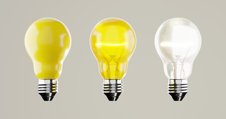 three different light bulbs on grey background
