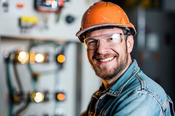 A portrait of a male Caucasian smiling electrician in his thirties wearing protective gear looking at the camera at his working place