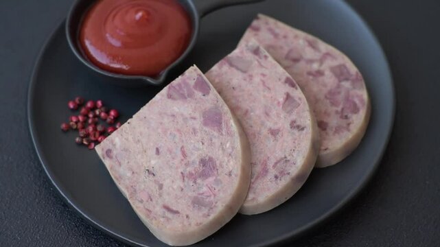 Homemade headcheese with salt, spices, herbs and vegetables on a dark concrete background