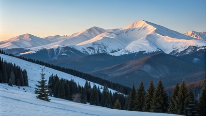 Fototapeta premium Snow-covered peaks of the Ukrainian Carpathian Mountains at dawn, hills, dawn, frozen landscape, snow capped peaks