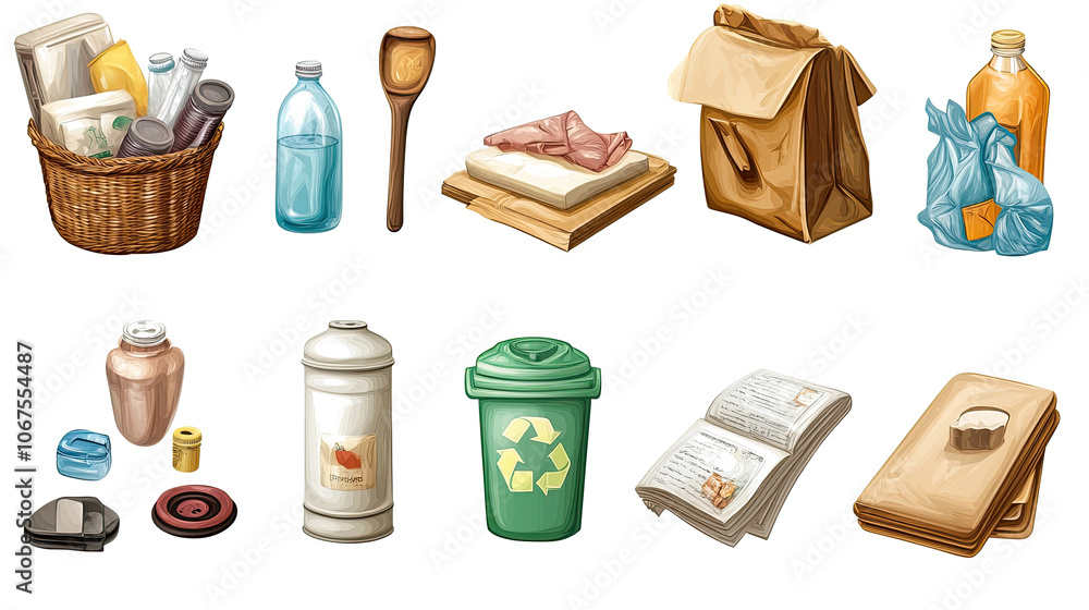 Poster set of recycling symbol icons and various recyclable objects generative ai