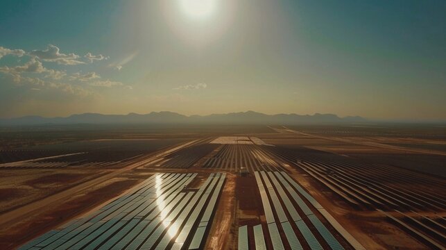 aerial view  of a solar power plant nestled within a sun-drenched valley, with shimmering photovoltaic panels