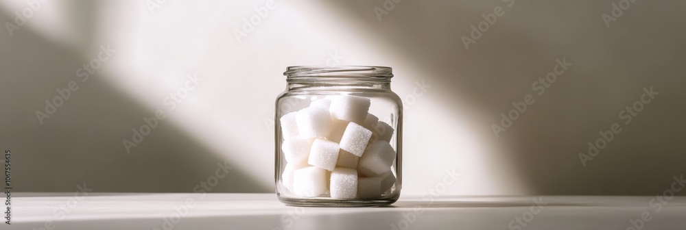 Aufkleber reducing sugar intake is key for a healthy lifestyle, a jar of sugar cubes on a white table in soft 