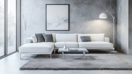 Modern Living Room Interior with White Sectional Sofa and Grey Rug