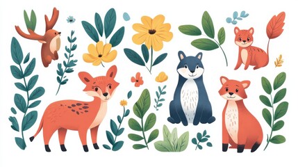 Wildlife and plants illustration, depicting a mix of forest animals and lush plants, flat and detailed