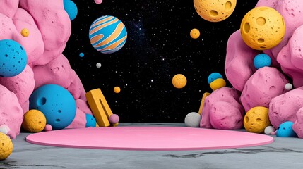3D Abstract Space Background with Colorful Planets and Pink Platform