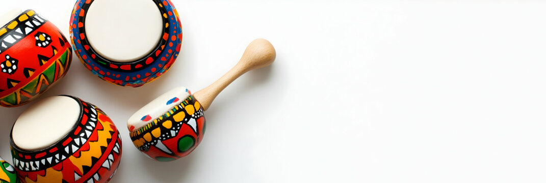 Colorful hand-painted percussion instruments arranged artistically on a light background