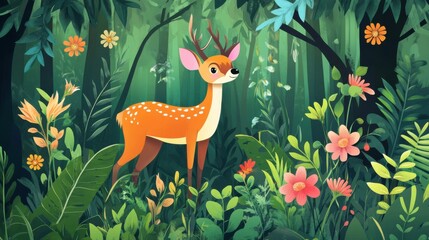 Wildlife and plants vector, depicting forest animals among dense greenery and flowers, colorful and vibrant
