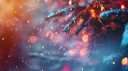 Fototapeta premium christmas tree with lights blurred background with snow 