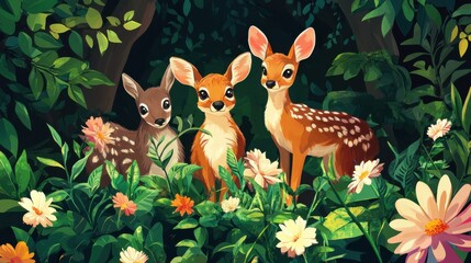 Wildlife and plants vector, depicting forest animals among dense greenery and flowers, colorful and vibrant