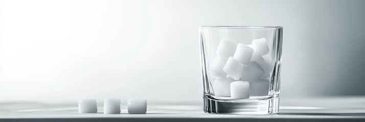 Many sugar cubes are inside a glass, highlighting the excessive consumption of sugar and raising awareness about sugar addiction and its impact on health