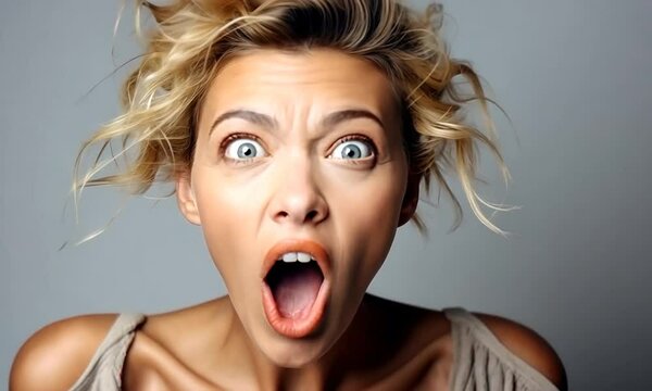 Emotional woman, surprised grimace on her face. Surprised face of a young, beautiful woman.