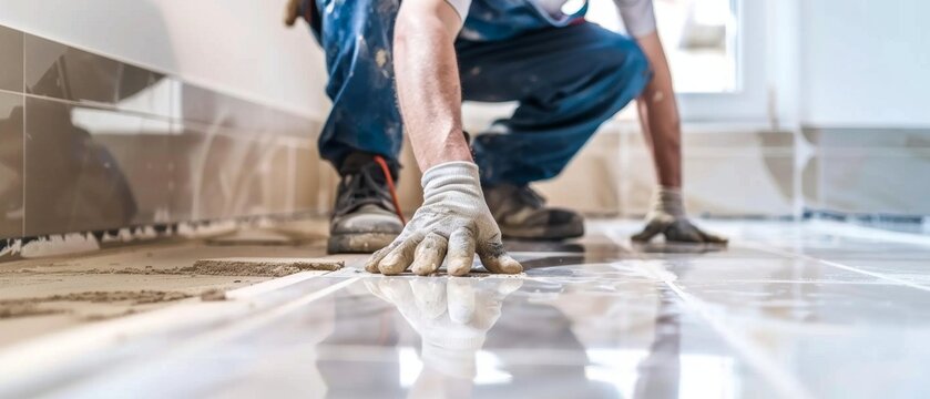 A tiler lays floor tiles in working gloves in a modern bathroom