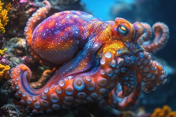 Beautiful Octopus Swimming Gracefully Amid a Vibrant Coral Reef