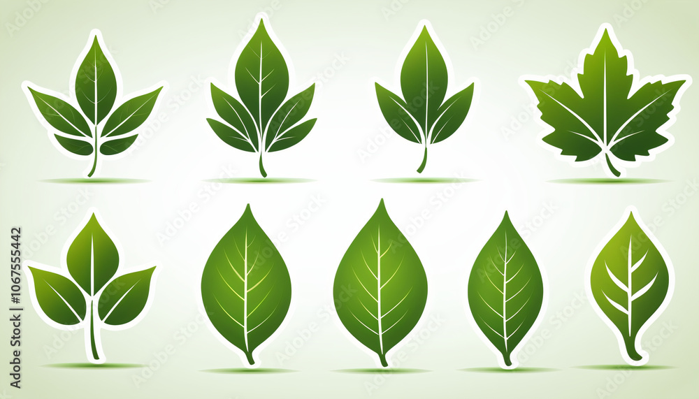 Poster set of green leaf icons on isolated backgrounds designed for natural and eco product labels as vecto