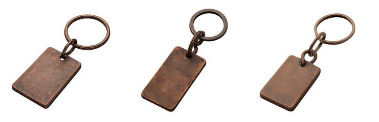Set of three vintage metal keychains, white isolate background. transparent background