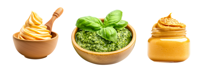 Creamy mayonnaise, mustard and green pesto garnished with fresh green herbs, making it perfect for dips or sauces, isolated on white transparent background.