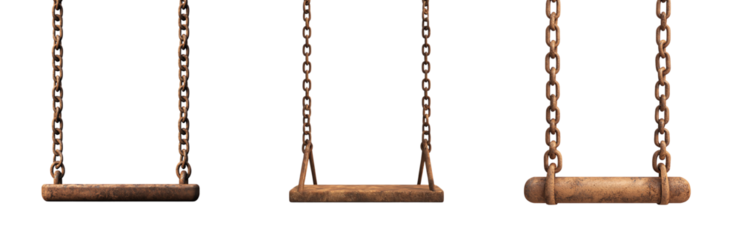 Swing set seats hanging on chains, white isolate background transparent background