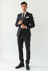 Full Body Male Model Isolated on a White Backdrop Wearing Classy Attire for a Magazine Photoshoot