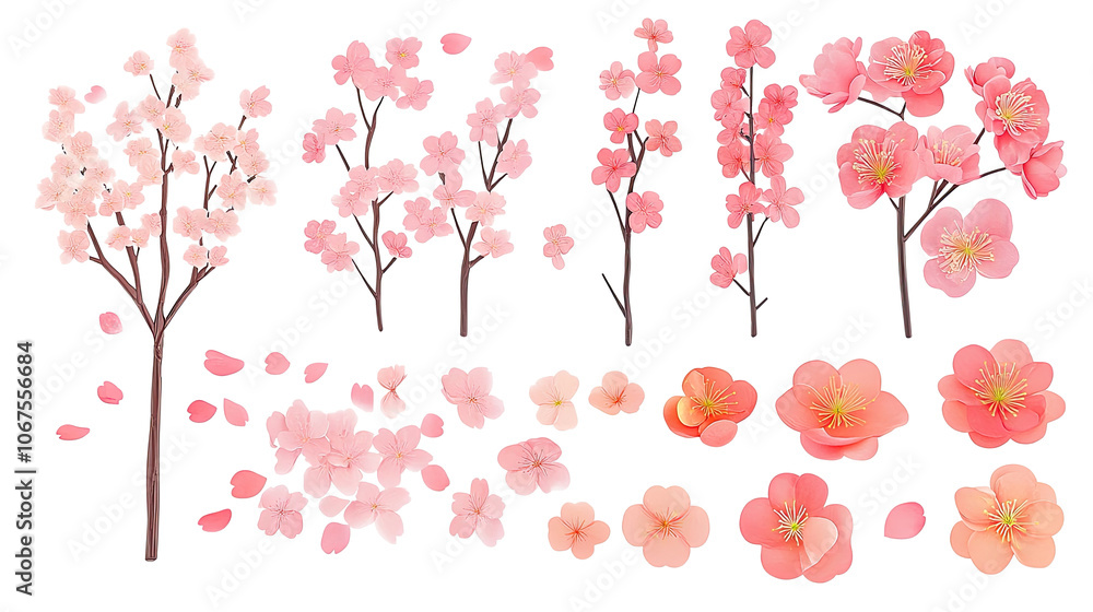 Poster delicate sakura blossom branches with petals isolated on a background generative ai
