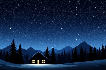 Fototapeta premium Lonely cabin in the woods under a starry sky, soft glow from the windows creating a sense of warmth and isolation
