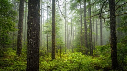 Fototapeta premium A misty forest with tall trees and a path leading through the woods.