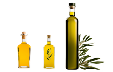 A clear glass bottle filled with olive oil, decorated with twine, accompanied by fresh bay leaves isolated on white transparent background.