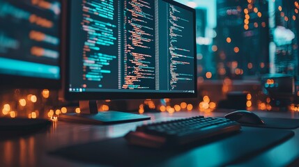 Computer monitor displaying code in a modern workspace at night