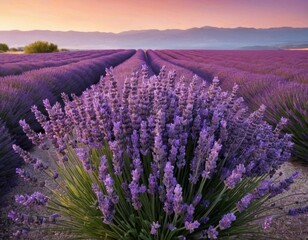 Obraz premium Lavender Bush in Full Bloom in a Beautiful Lavender Field with Aromatic Purple Flowers Surrounding the Landscape