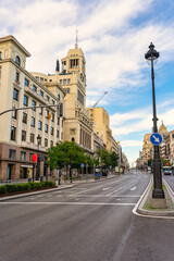 Obraz premium Calle de alcala in Madrid at the fork with Gran Via in the center, Spain.