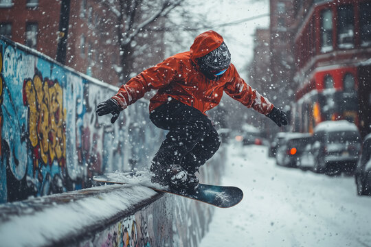 Snowboarder showcases thrilling tricks on an urban street covered in snow