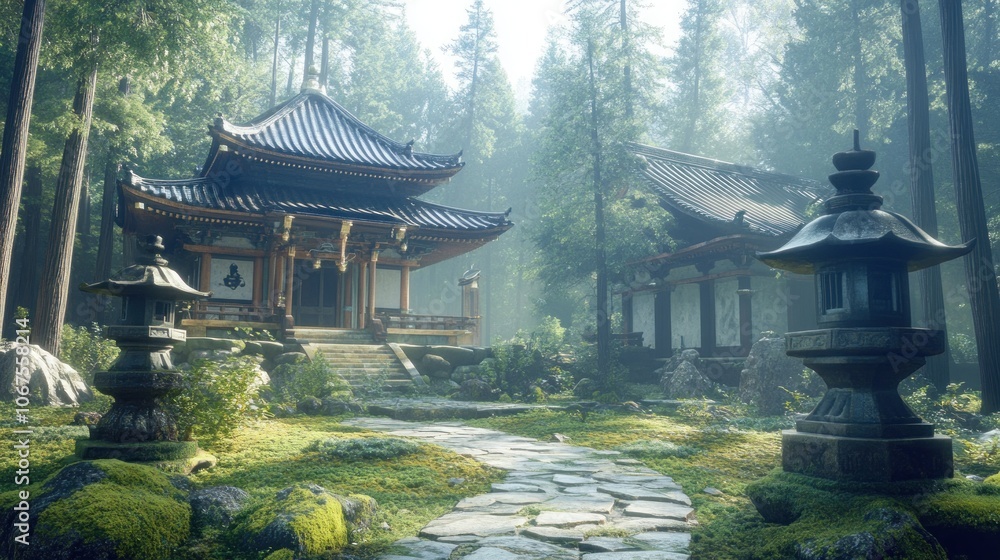 Poster a serene japanese temple nestled in a lush forest with stone lanterns and a path leading to the entr