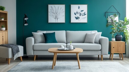 Modern Living Room with Grey Sofa, Teal Walls, and Wooden Accents