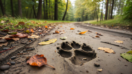 Animal paw print on a muddy path surrounded by autumn leaves.