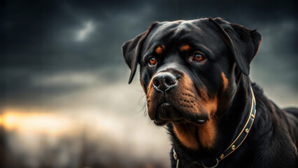 Obraz premium Rottweiler dog portrait against a moody sky, showcasing its confident demeanor.